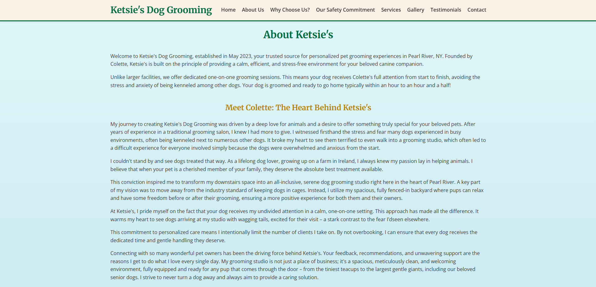 Screenshot of Ketsie's Dog Grooming About Us Page